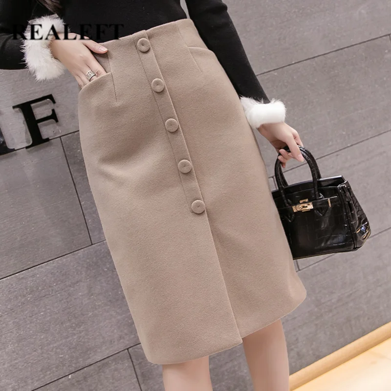 

REALEFT Autumn Winter Women Simple Woolen Sheath Midi Skirts High Waist Knee-Length Pencil Wrap Skirts Saia Female with Pocket