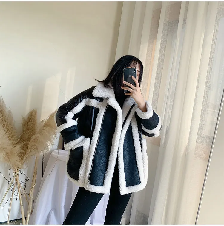 Черный пуховик Зимний женский корейский мех ягненка комбинированный мех цельное пальто Модная одежда