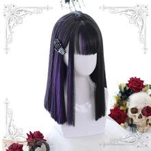 Perruque Lolita synthétique mixte noire violette, Harajuku, frange de Cosplay féerique courte lisse, frange douce pour filles adultes 