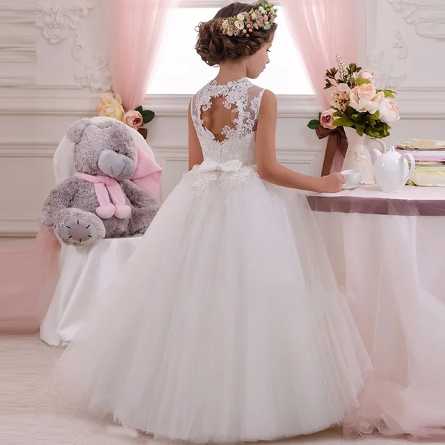 Vestito Bambina Fiore Bianco Per Nozze E Feste - Damigella D'Onore | Tulle Con Perle | Taglie 3-10 Anni - Foto 7