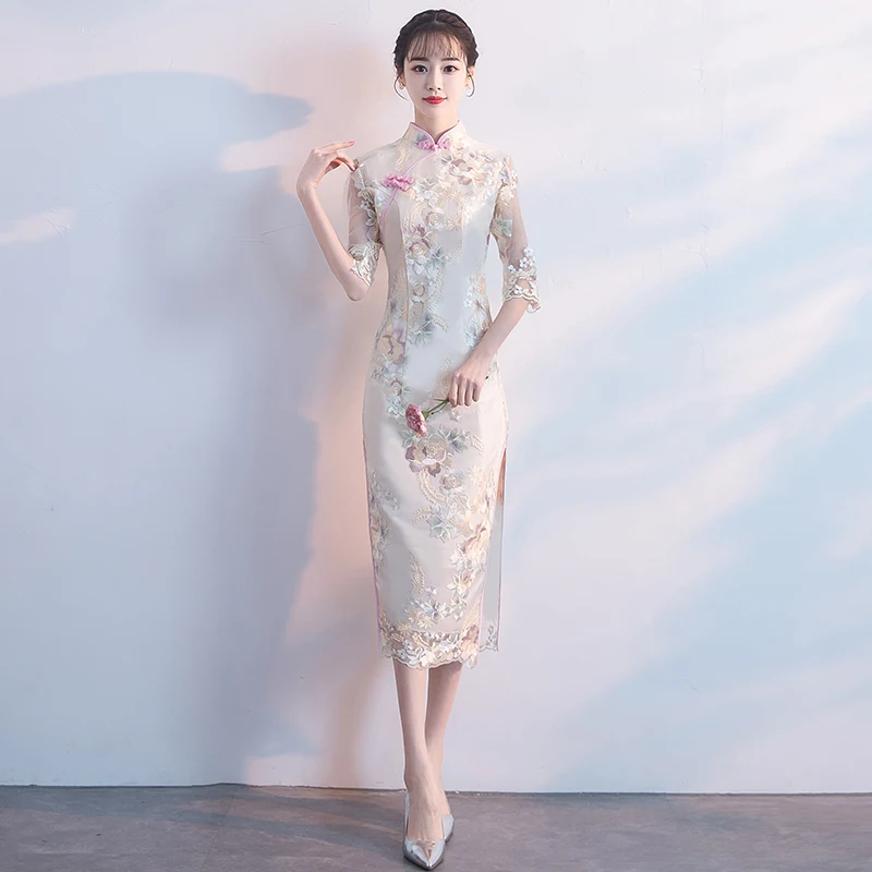 Кружевное дамское вечернее платье цвета шампанского, благородное тонкое, Qipao, сексуальное, с высоким разрезом, Vestidos, классическое китайское платье, Persepective Cheongsam