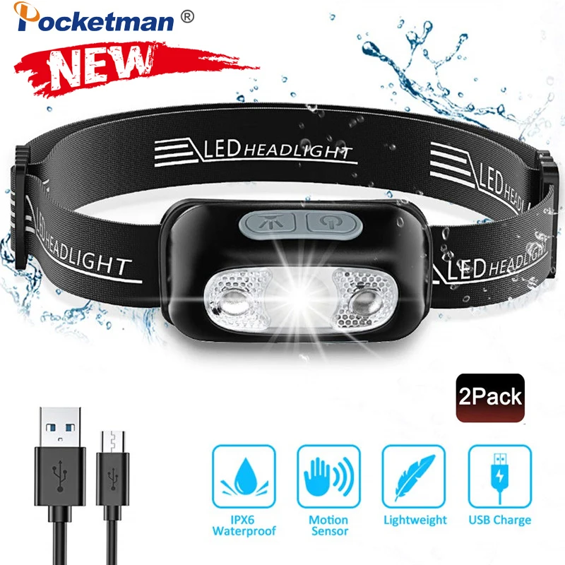 

2Pcs 6000 Lumens Head Torch Rechargeable LED Headlamp Motion Sensor Waterproof IPX6 5Lighting Modes Headlight for Running Hike