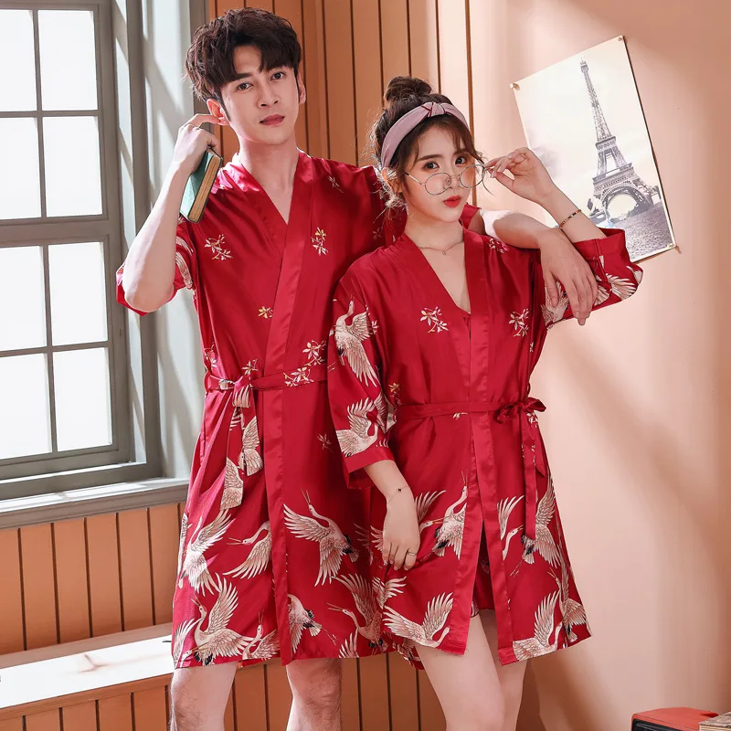 Vintage Chinese Couple Satin Kimono Robe Lovers Print Bride Bridegroom Wedding Gown Women Bathrobe Sleepwear Home Clothes