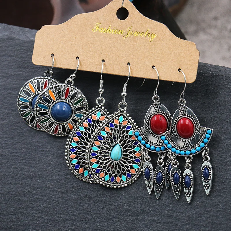 Vintage Decorative Pattern Water Drop shaped Multicolor Earrings Set for Women Geometry Boho Big Round Drop oil Tassel earrings
