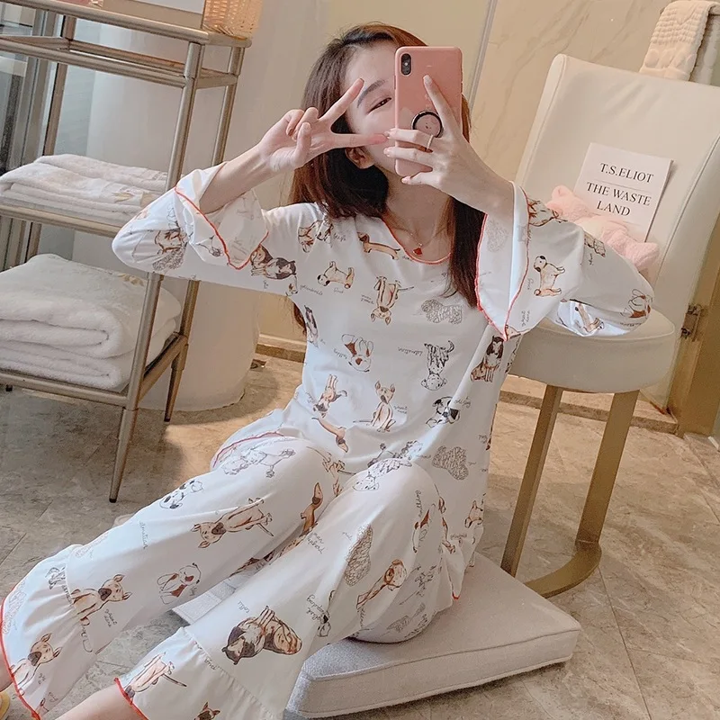 

2020 Spring And Autumn Korean-style Pajamas Women's Qmilch Cartoon Puppy Casual Tracksuit Simple Long-sleeve Suit