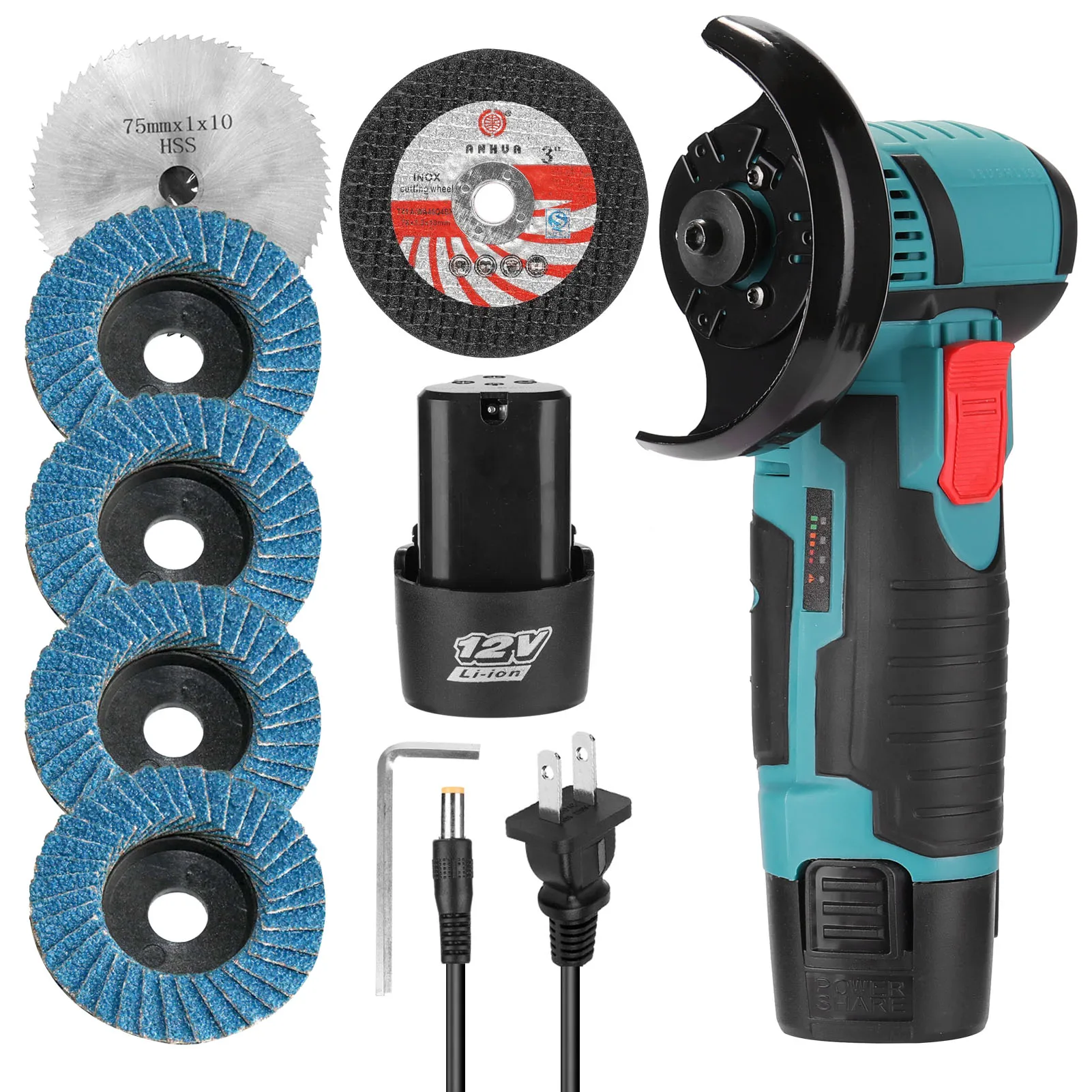 Cordless Angle Grinder 12V Lithium-Ion Grinding Machine Cutting Electric Angle Grinder Grinding Brushless Power Tool 19500rpm