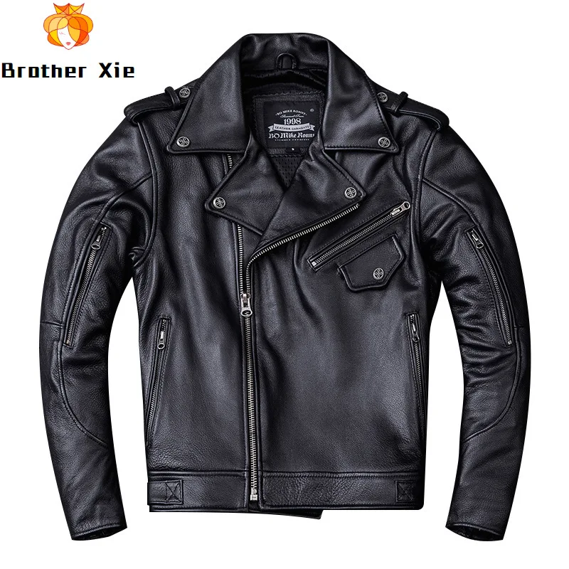 

Black Genuine Cowhide Leather Jacket Multi Zipper Men's Slim Real Leather Motorcycle Biker Jacket Male R3056