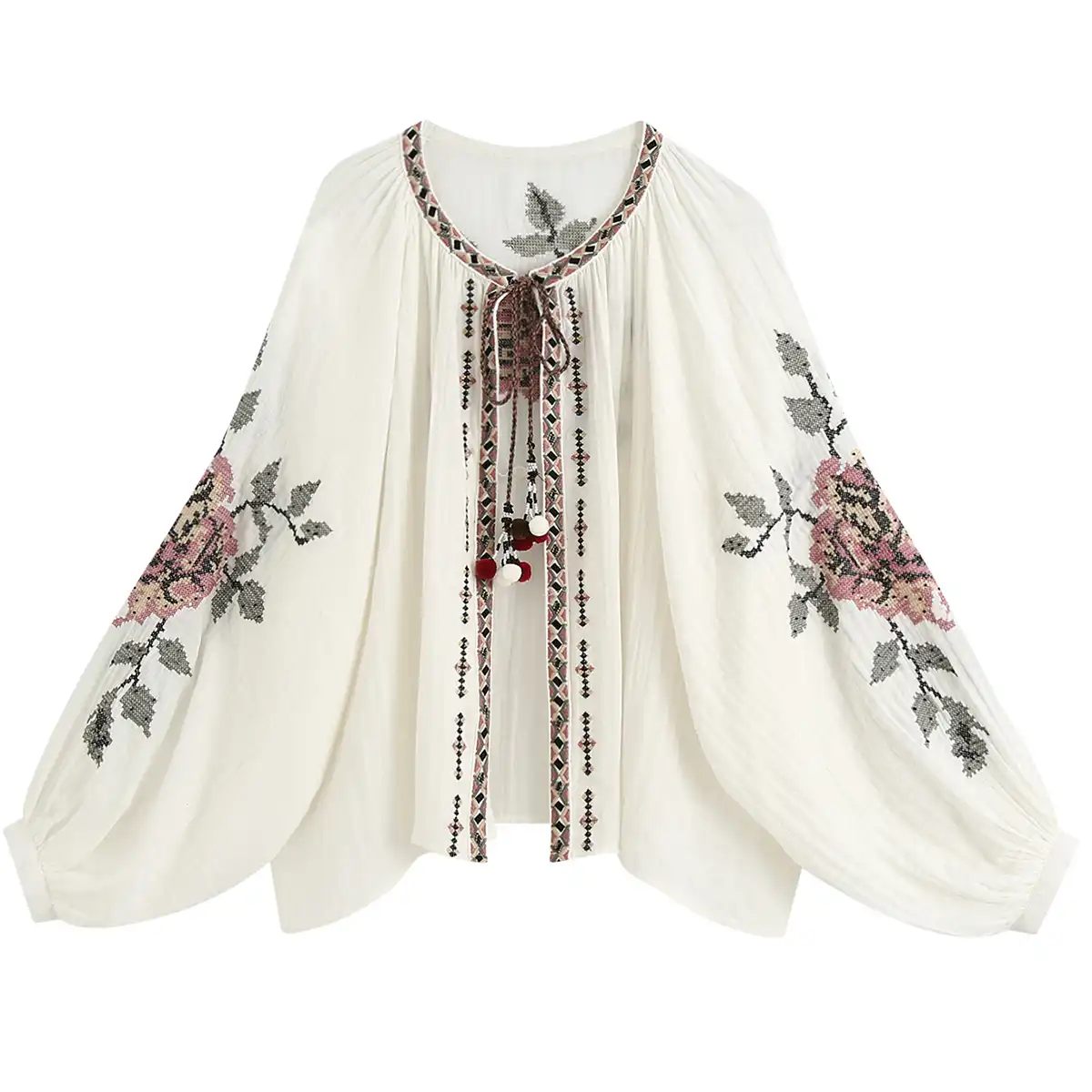 embroidered lantern sleeve tassel tie smock dress