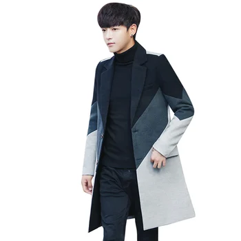 

2018 autumn winter british style fashion color-blocked patchwork mens slim fit single breasted thicken woollen&blends long coat