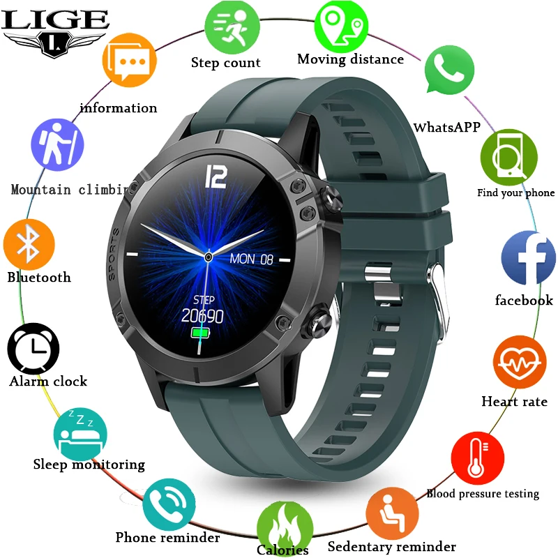 

LIGE New Men Smart Watch Heart Rate Blood Pressure Blood Oxygen Monitor Pedometer Sport Waterproof Fitness Watch For Android iOS