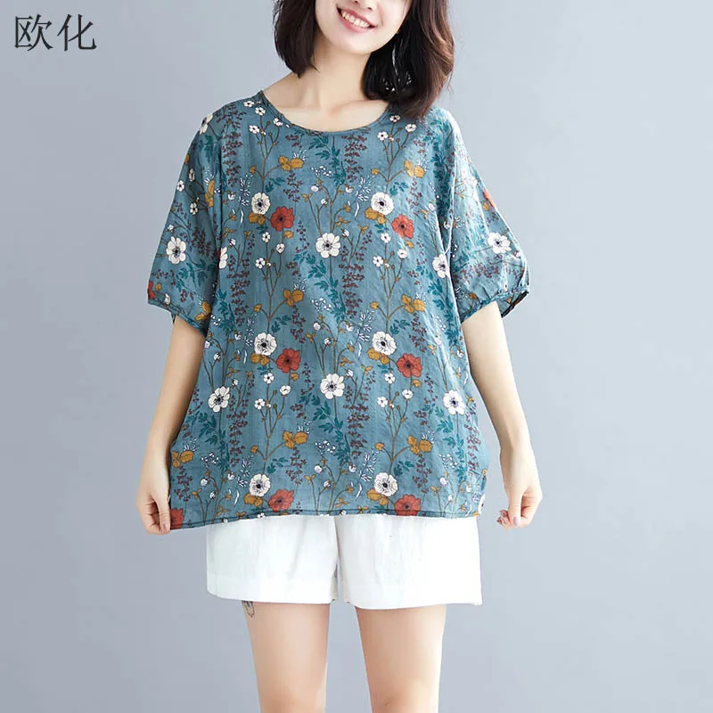 

Plus Size Floral Printed Women T Shirt Cotton Linen Woman Tops Big Size Korean Loose Tee Shirts Female Tops 2020 New Summer 4XL