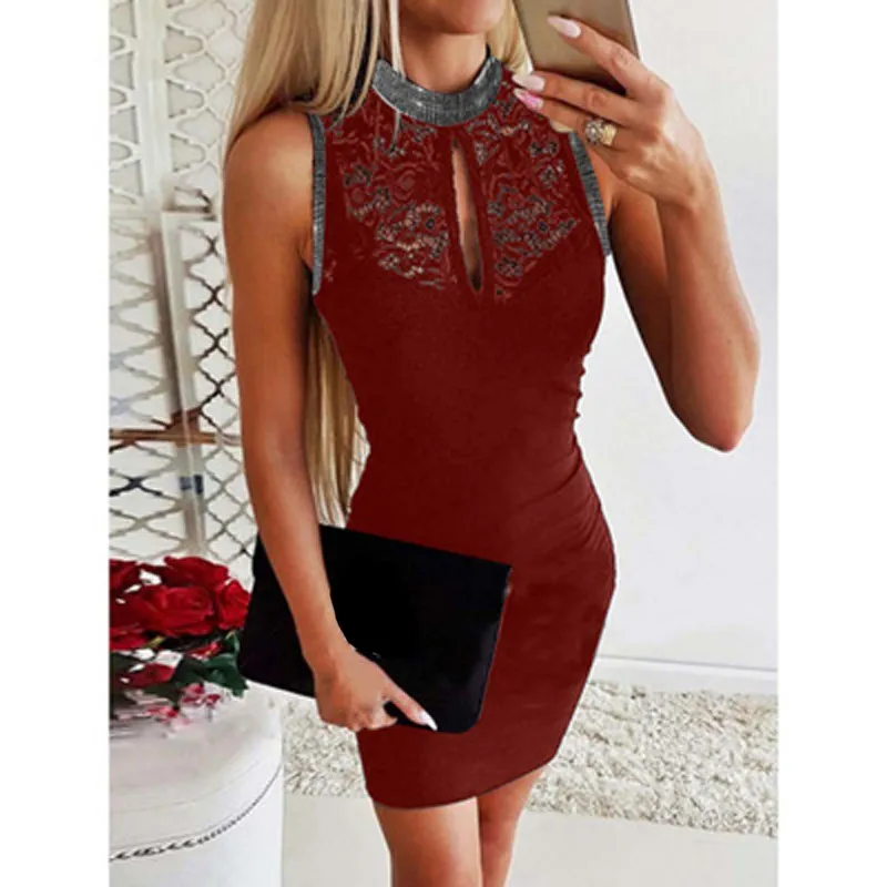 Бургундия Tide Vogue Pop Tide красивые модные женские Лоскутные кружевные платья с круглым вырезом однотонные облегающие вечерние мини-платья без рукавов - Цвет: Бургундия