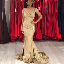 Шампанское Русалка длинное вечернее платье с плеча плиссированный Атлас Пол Длина строгие женские платья недорогое свадебное торжество платья