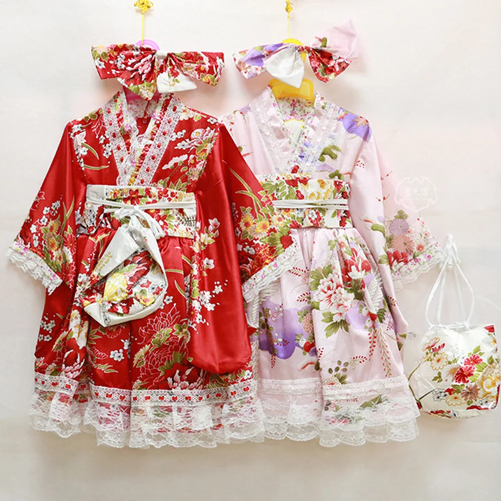 Kimono Japanese Cherry Blossom Girl Birthday Dress Lace Skirt Spring and Autumn Children's Kimono Girl Dance Gown blossom packaging box bracelet display plush velvets jewelry girl dropship