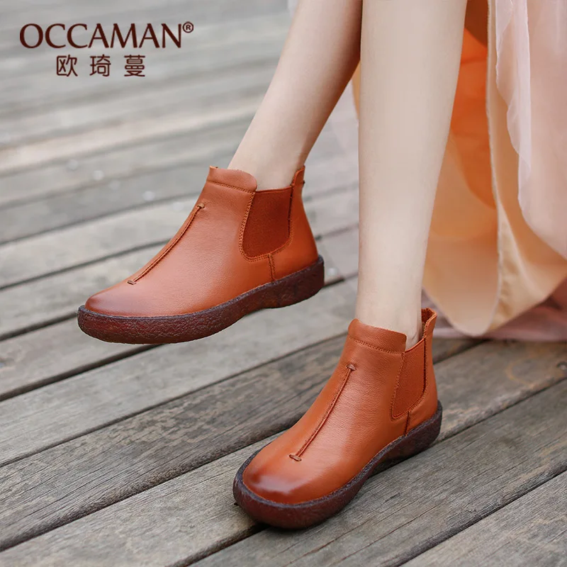 

New Arrival OCCAMAN Comfortable Soft Cow Leather Ankle Boots Handmade Women Solid Chelsea Boots 16117