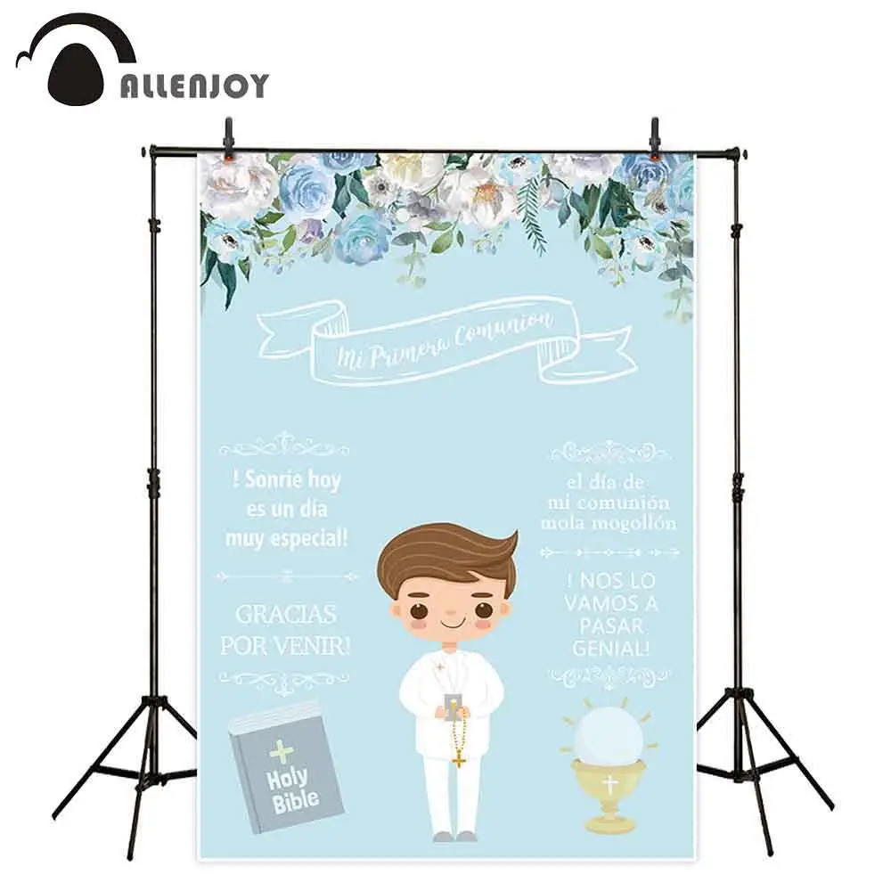 

Allenjoy photophone backdrop first communion party light blue boy flowers invitation board background photobooth photocall prop
