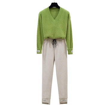 

Fashion V-Neck Mohair Knitting Sweater Elastic Waist Haroun Pants, Trousers Women 2 Pcs Clothing Set Knitwear Outfit Couture