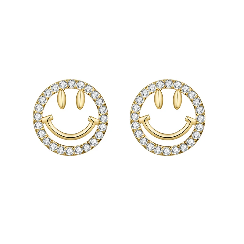gold color Корейские новые милые золотые серебряные серьги-гвоздики со смайликом для лица, простые круглые серьги с хрусталем цирконием для женщин и девочек - Окраска металла: gold color
