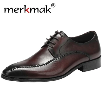

Merkmak Genuine Leather Men Dress Shoes Leather Pointed Toe Lace-up Oxfords Business Formal Fashion Shoes Party Big Size 37-46