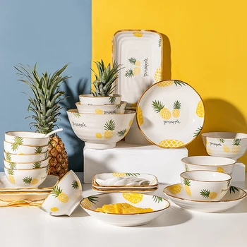 

Pineapple European Style Ceramics Tableware Set Plates Bowl Spoon Kitchen Accessories Creative Tableware Lunch Dinner Household