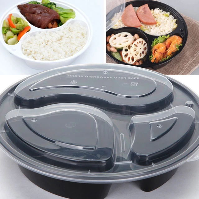 15pcs Disposable Round Plastic Bento Box 3-compartment Meal Prep