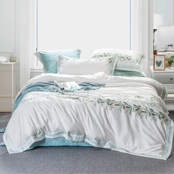 

Green White 100%Egyptian Cotton Ultra Soft Bedding set Leaves Embroidery Luxury Duvet cover set Bedlinen/Bed sheet Pillow shams