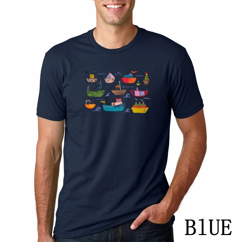 Летняя мужская футболка с забавными монстрами, рыбами и лодками, футболка с пресноводным принтом, новинка, футболки, топы, одежда - Цвет: BLUEds3832