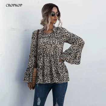 

Blouse Women Vintage Leopard Printed Tie Front Long-Sleeved Casual Loose Spring Clothes Shirts Fashion 2020 Retro Tops For Women