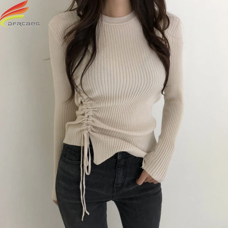 

New 2020 Autumn Winter Women Knitted Sweater Ribbed Pullover Sweater Long Sleeve Drawstring Tops For Women O Neck Pull Femme
