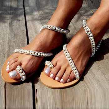 

Women Flat Shoes Beaded Open Toe Gladiator Sandals Breathable Comfortable Beach Slip-on Shoe Light Roman Platform Sandals @A12