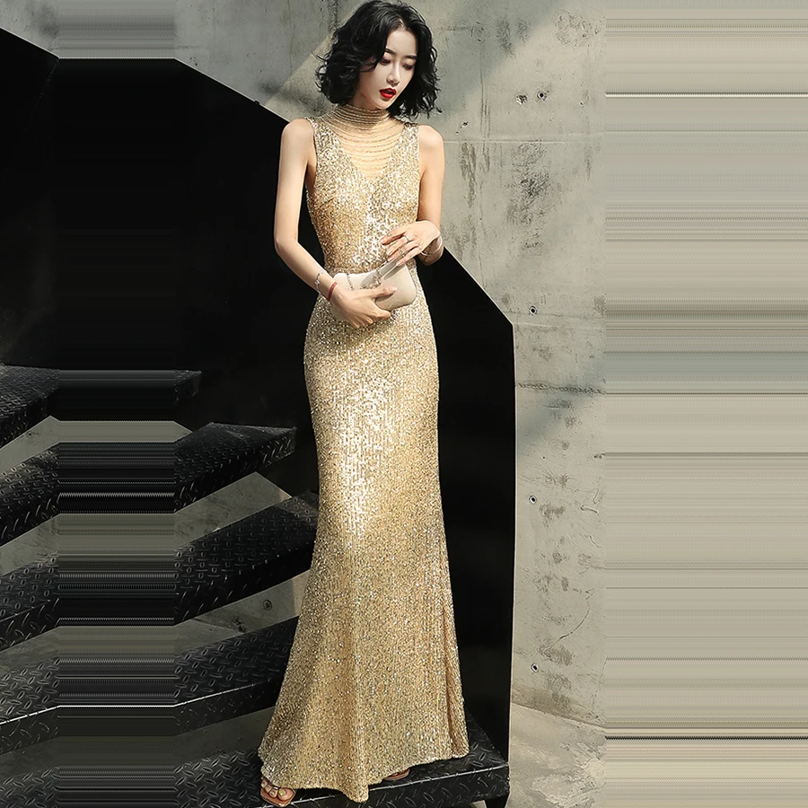 Это Yiiya вечернее платье длинное Русалка Золотые блестки Robe De Soiree без рукавов Формальные платья Длинные K013 вечерние платья - Цвет: Золотой