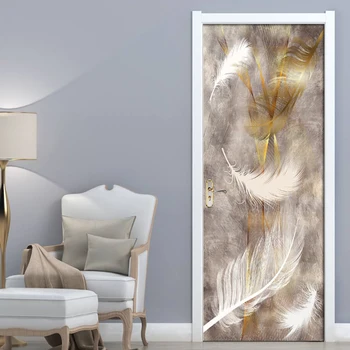 

DIY Renovation Waterproof Self Adhesive Nordic Line Golden Feather PVC Mural Bedroom Door Sticker Print Picture New Home Decor