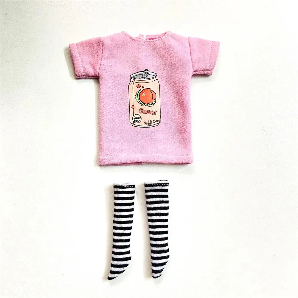 2pcs/Set of Blyth Clothes, Beautiful Print Short T-Shirt + Striped Socks, Can Be Used for 1/6 Doll Accessories