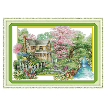 

DIY Handmade Needlework Cross Stitch Set 67 * 48cm Flower villa pattern Embroidery Kit 14CT Cross-Stitching Home Decoration