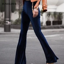 JuneLove, модные бархатные брюки для женщин, Осень-зима, узкие брюки-клеш, брюки с высокой талией, брюки с высокой талией в уличном стиле