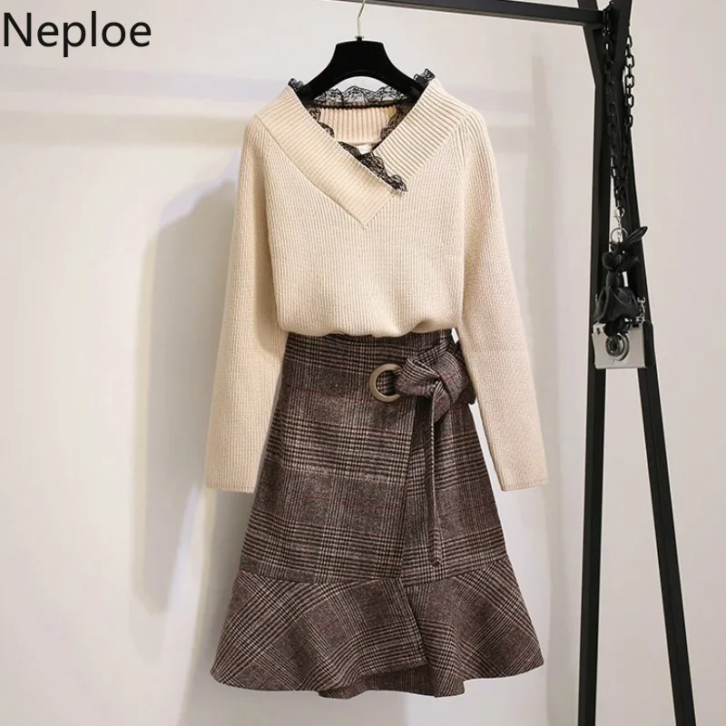 

Neploe Elegant Conjuntos De Mujer V Neck Lace Short Knit Sweater High Waist Drawstring Plaid Skirt Autumn Winter Women Set 46262