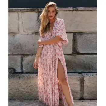 

Pink Floral Boho Maxi Dress Summer Sexy Deep V-neck Batwing Sleeve Cotton Dress Side Slit Vintage Beach Holiday Long Dresses