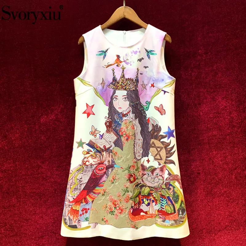 

Svoryxiu Fashion Cartoon Queen Printed Sleeveless Short Dress Women's luxury Runway Crystal Diamond Autumn Party Dresses
