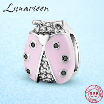 

Authentic Original 925 Sterling Silver Pink Enamel Clear CZ Ladybug Charm Clip Bead Fit Reflection Bracelets Women DIY Jewelry
