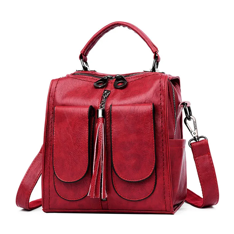 Wine red Винтажный женский двойной рюкзак с карманами женские многофункциональные мягкие кожаные рюкзаки школьные рюкзаки для девочек рюкзак для путешествий - Цвет: Wine red