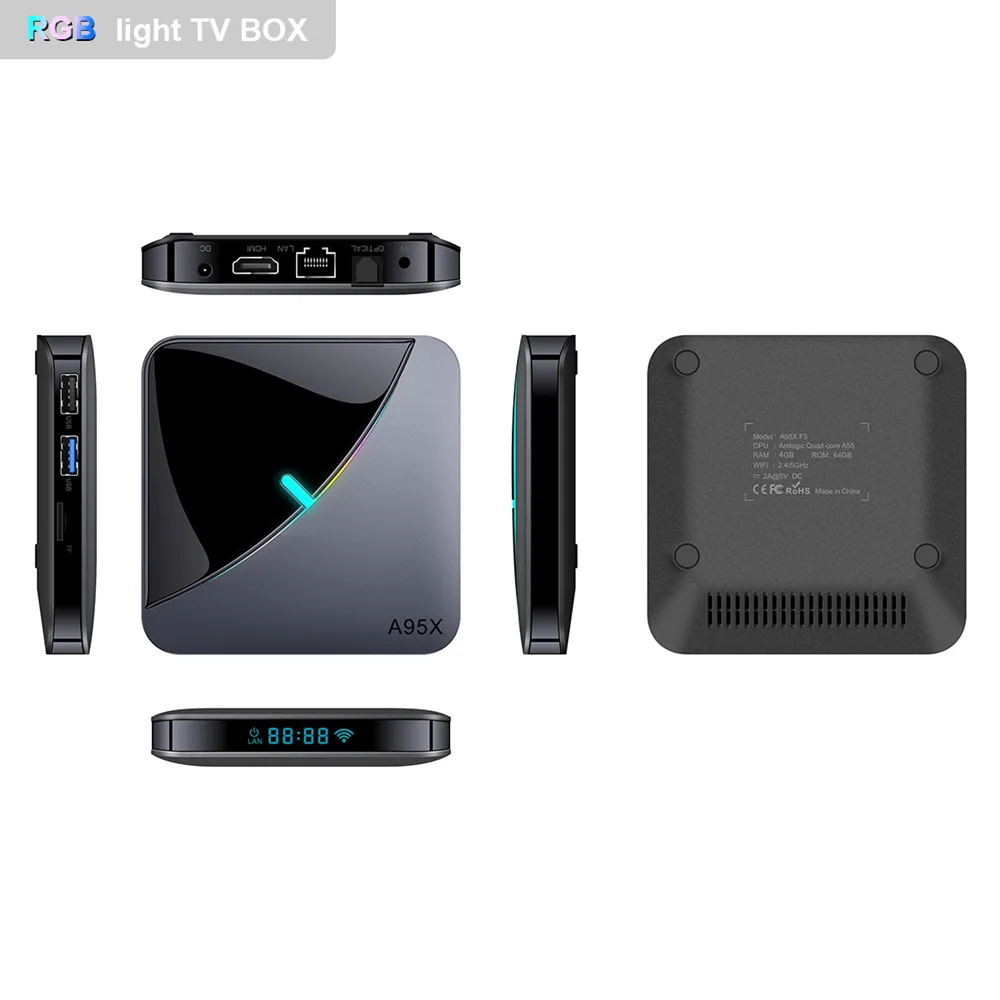 A95X F3 RGB Light TV Box Android 9.0 Amlogic S905X3 Smart TV Box H.265 8K 60fps Netflix Youtube Plex Media Player A95XF3 X3