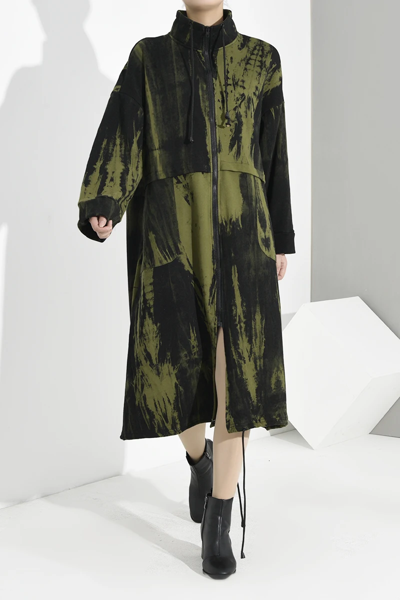 low cost  [EAM] Loose Fit Green Pattern Big Size Long Jacket New Stand Collar Long Sleeve Women Coat Fashion 