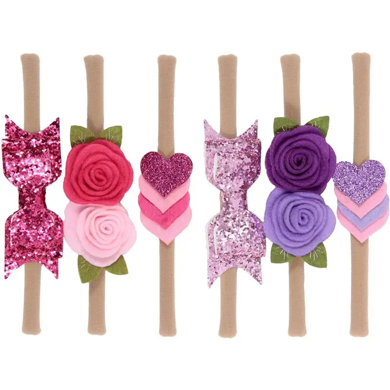 Purple Rosy 6 шт., повязка на голову для маленьких девочек, эластичная повязка на голову с цветами, тюрбан, головной убор, аксессуары для волос, подарки для малышей - Цвет: Purple Rosy