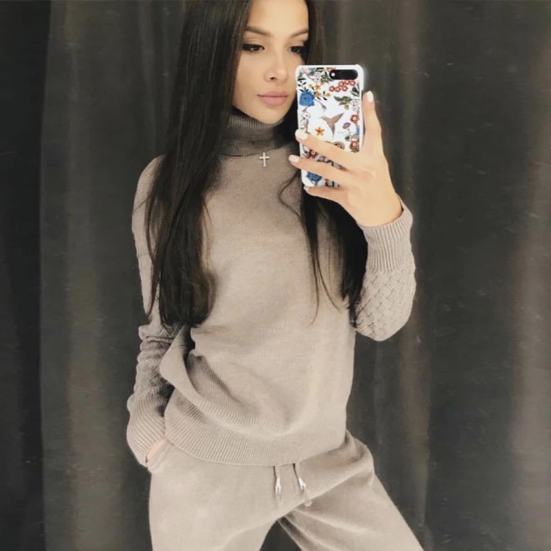 Cena Jesień zimowy dres z dzianiny dla kobiet bluzy z golfem kobiety garnitur odzież 2 częściowy zestaw sweter z dzianiny + spodnie zestaw damski