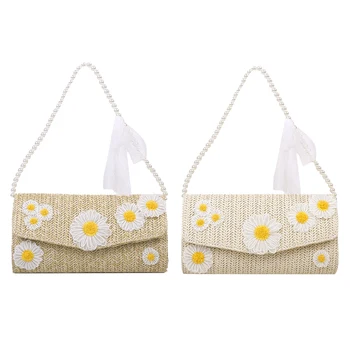 

Women Straw Bags Handmade Woven Daisy Flower Beach Underarm Pearl