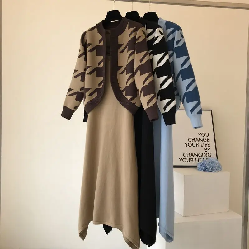 ALPHALMODA осенне-зимний женский кардиган с рисунком «гусиные лапки»+ платье на бретельках модный костюм из 2 предметов элегантный вязаный комплект из 2 предметов