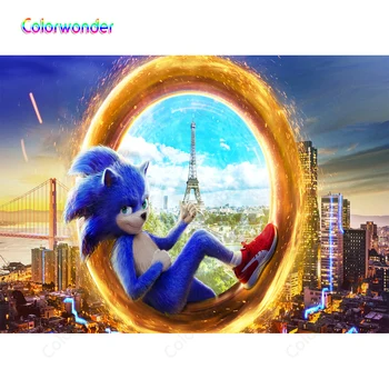 

Photographic Blue Live-action Version The Hedgehog Sonic Sitting on the Golden Circle Paris Town Night with Daytime Backdrops