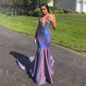

Shiny Mermaid Prom Dresses 2020 for African Black Girls Sexy Halter Court Train Simple Garden Brithday Long Formal Party Gowns