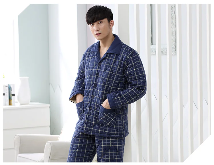 Для мужчин синий плед пижамный комплект Зима 3 слоя стеганые Пижамный костюм из толстого хлопка; теплая одежда для сна Ночной костюм большие Размеры Lounge одежда для сна