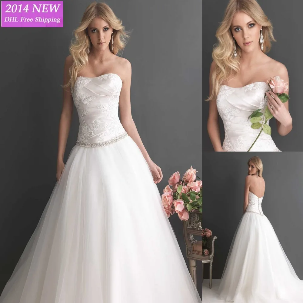 Equintado we-90 novo a-querida linha sem mangas bordado cetim e tule branco vestidos de Casamento свадебные платья